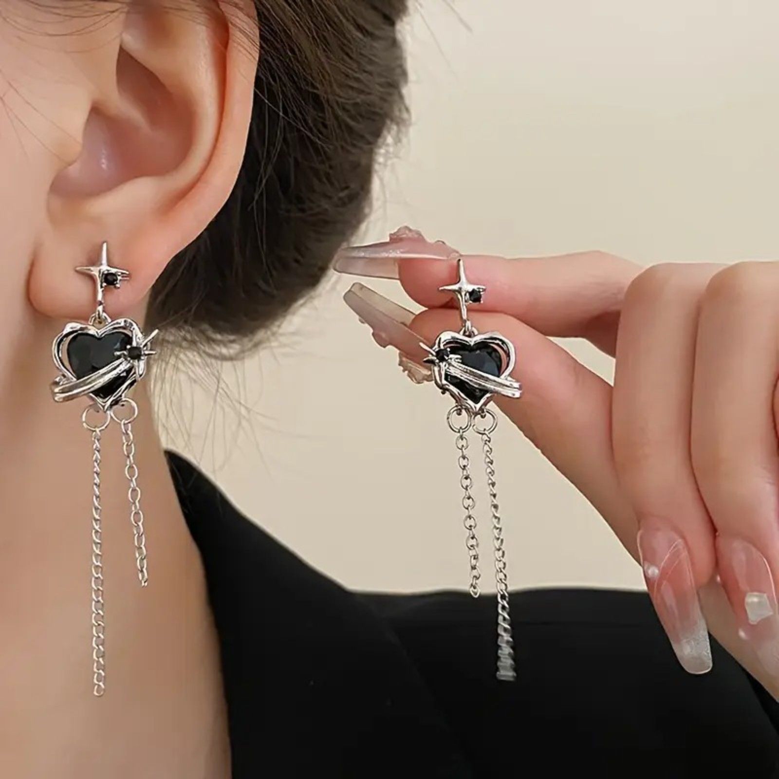 Goth Gothic Punk Rave Heart Dangle Silver Black Heart W/Chain Tassel Earrings